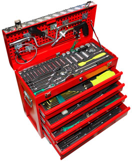 red, steel tool box with tools