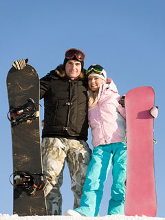 two snowboarders wearing winter sports apparel